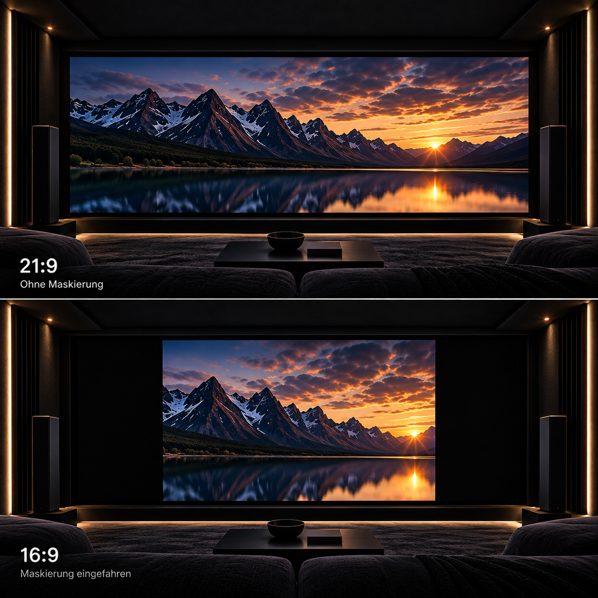
                  
                    Heimkino-Leinwand im Vergleich: 21:9 ohne Maskierung und 16:9 mit schwarzer Maskierung
                  
                