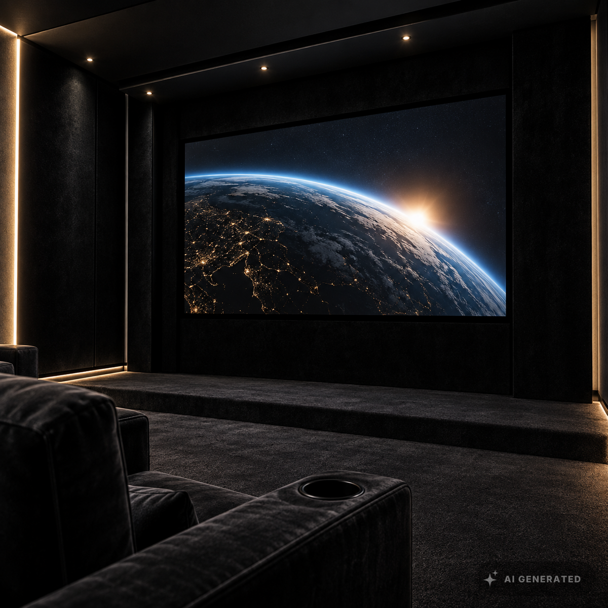 
                  
                    Heimkino mit schwarzer Frontverkleidung und kontrastreicher Projektionsleinwand
                  
                