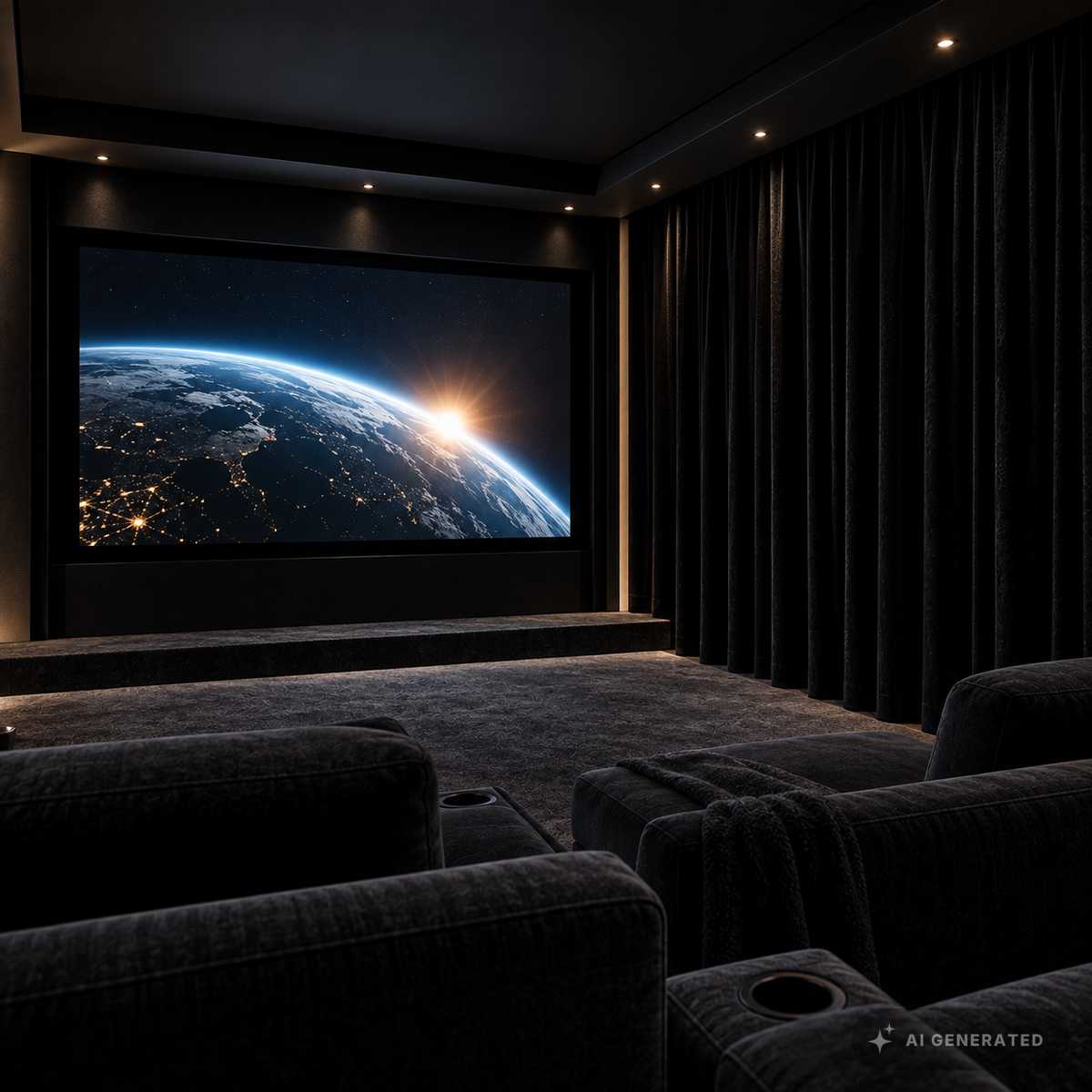 Dunkles Heimkino mit seitlichen Vorhängen aus Adamantium Audio Dark Reference