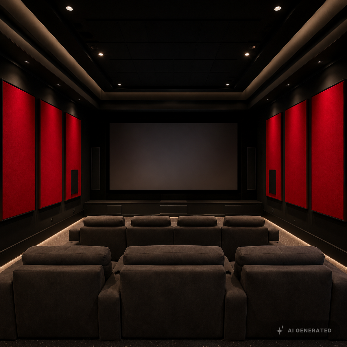 
                  
                    Heimkino mit roten akustisch transparent bespannten Wandpaneelen
                  
                