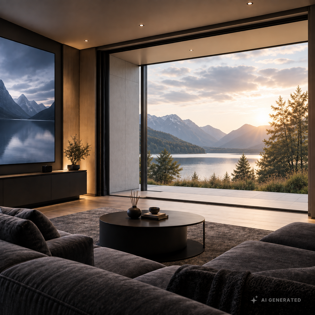 
                  
                    Wohnraumkino mit geöffnetem schwarzen Vorhang und freiem Blick auf den See
                  
                