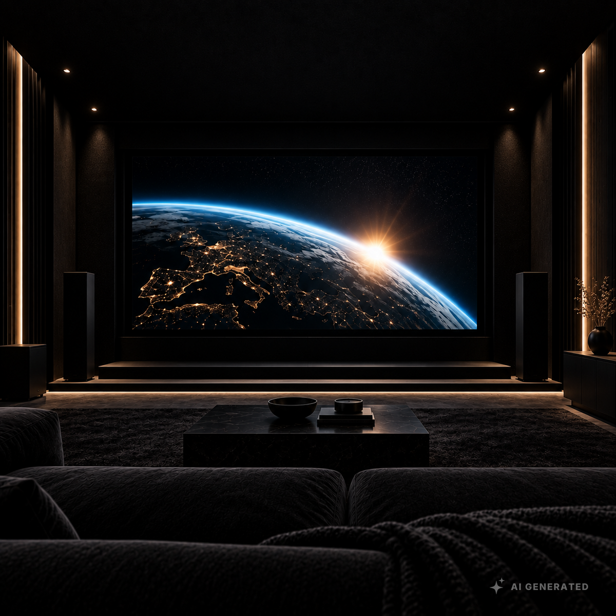 Ultra-dunkles Heimkino mit schwarzer Wand- und Deckenbespannung und Erdaufgang auf der Leinwand
