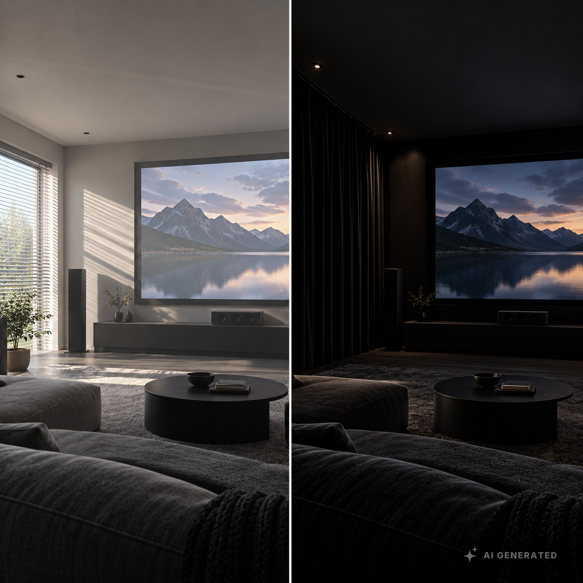 
                  
                    Wohnraumkino vor und nach der Verdunkelung mit schwarzem Dark Reference Stoff
                  
                