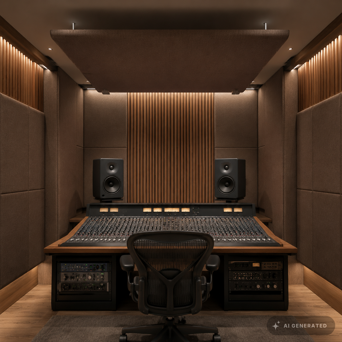 
                  
                    Tonstudio mit braunen stoffbespannten Absorbern und Deckensegel
                  
                